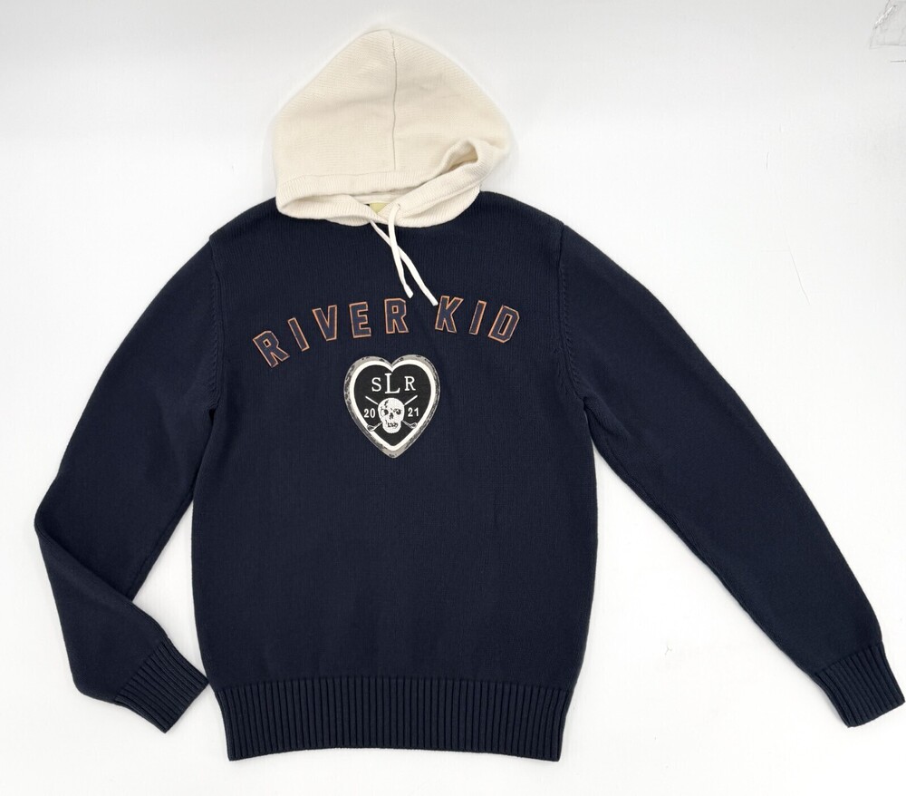 T. Dalton Clothing Sweater Mens Small Navy Blue Hooded Pullover River Kid SLR
